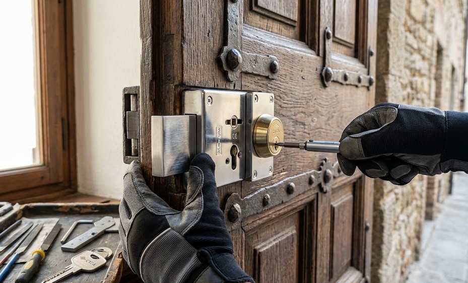 Instalación de cerradura de alta seguridad en puerta antigua en Dalt de la Vila