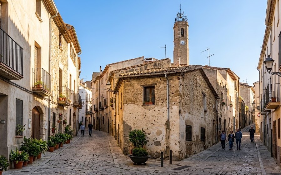 Calles históricas y la iglesia de Santa María en Dalt de la Vila, Badalona
